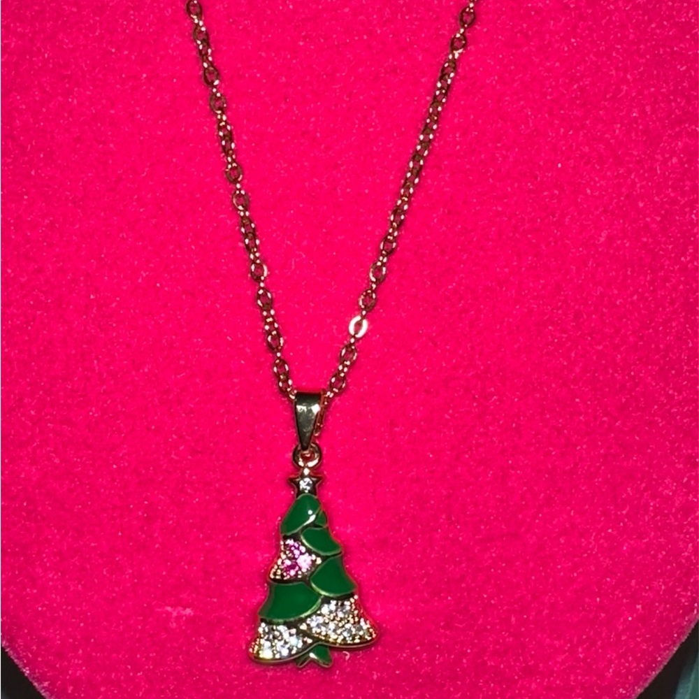 Christmas Tree Necklace in Stainless Steel Gold tone & Case